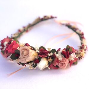 Corona silvestre de flores preservadas y rosas mini tonos frambuesa - JULIA